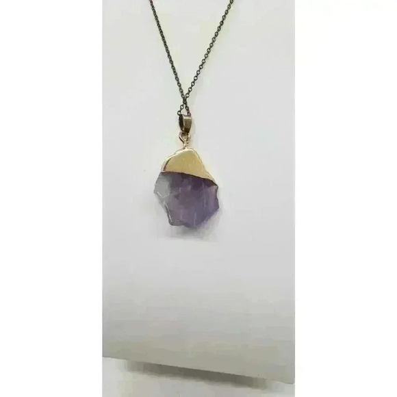 Genuine Amethyst Crystal Polished & Dipped In 14 Kt. Gold Pendant Necklace - Picture 4 of 13